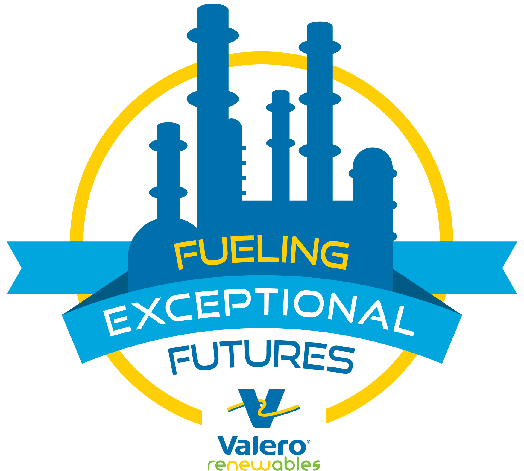 A logo depicting a refinery. Words read: Fueling Exceptional Futures. Valero Renewables.